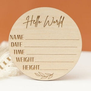 'Hello World' Engraved Birth Announcement Disc with Laurel Leaf