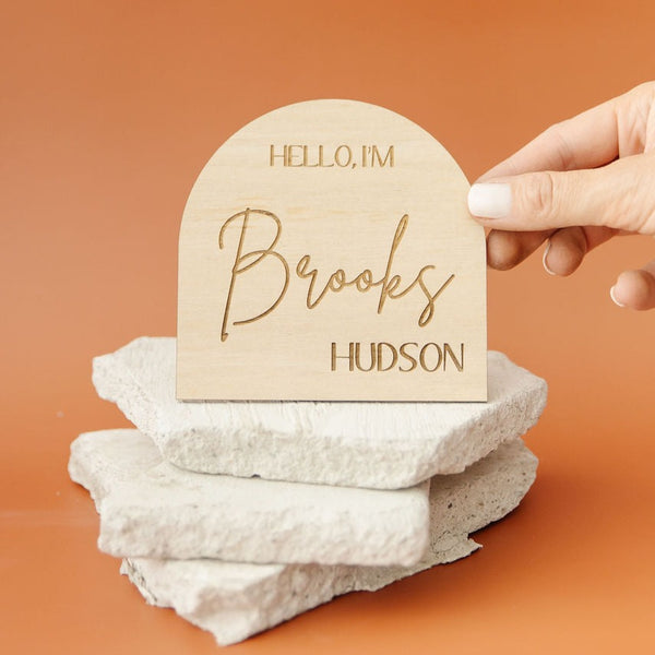 'Hello I'm...' Engraved Birch Announcement