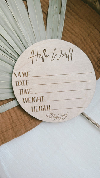'Hello World' Engraved Birth Announcement Disc with Laurel Leaf
