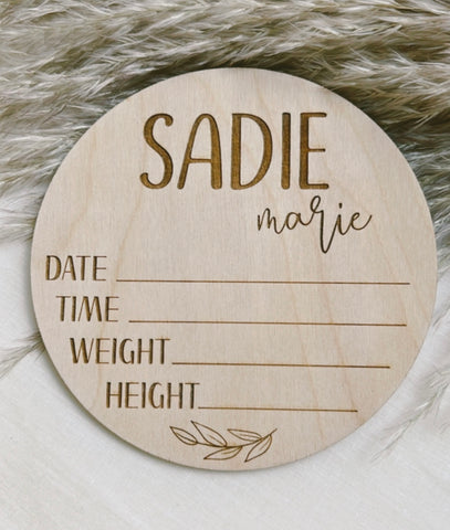 Engraved Birth Announcement Disc with Laurel Leaf