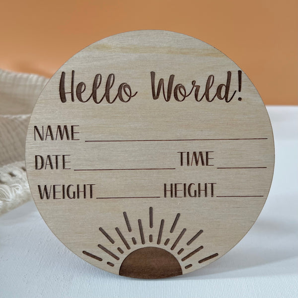 'Hello World' Engraved Birth Announcement Disc with Sun